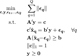 \min_{\mathbf{c, y}, \boldsymbol{ \epsilon_1,} \dots, \boldsymbol{ \epsilon_Q }} \quad  & \sum_{q=1}^Q \| \boldsymbol{\epsilon_q} \|

\text{s.t.}\quad\quad  & \mathbf{A'y = c}

& \mathbf{c'\hat{x}_q = b'y} + \boldsymbol{\epsilon_q}, \quad \forall q

& \mathbf{A ( \hat{x}_q -} \boldsymbol{ \epsilon_q } \mathbf{ ) \geq b}

& \| \mathbf{c} \|_1 = 1

& \mathbf{y \geq 0}